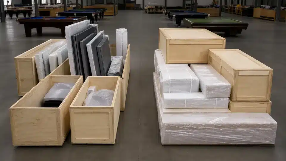 Blank export crates and wrapped pool table components staged for EXW and DDP logistics comparison