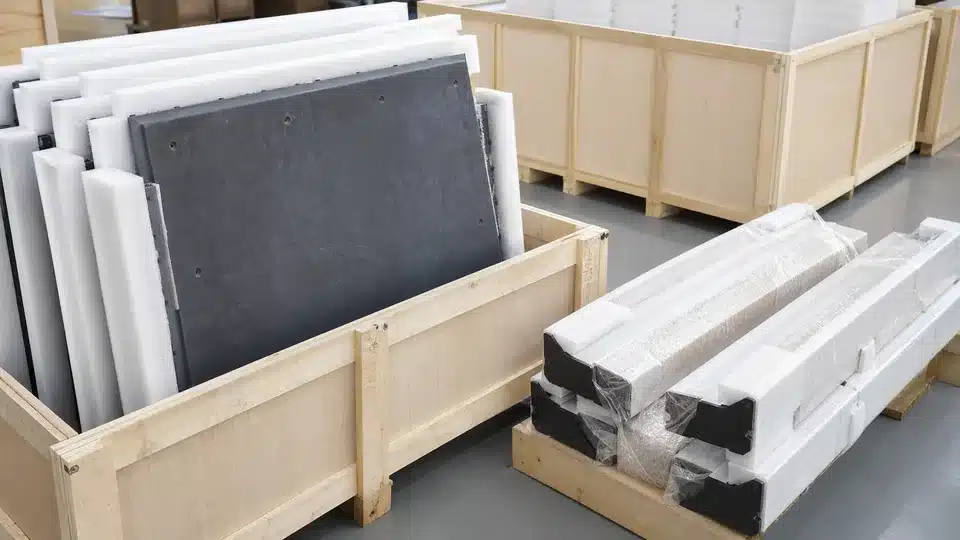 Foam-protected pool table slate and wrapped frame components in blank export crates