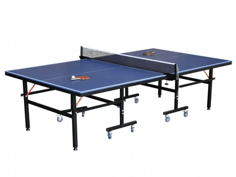 Blue folding table tennis table with wheeled steel frame