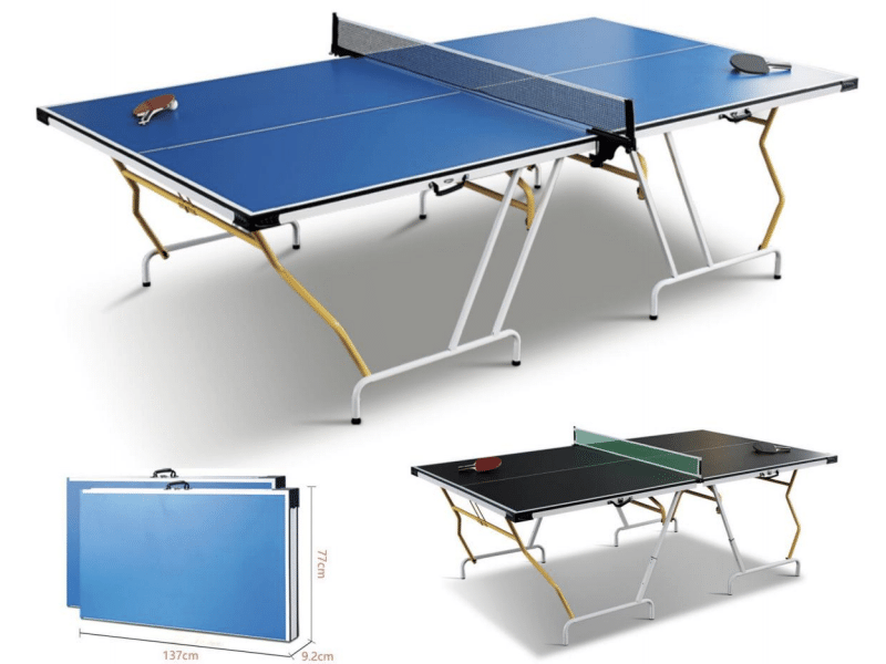 Portable folding table tennis table shown open and folded