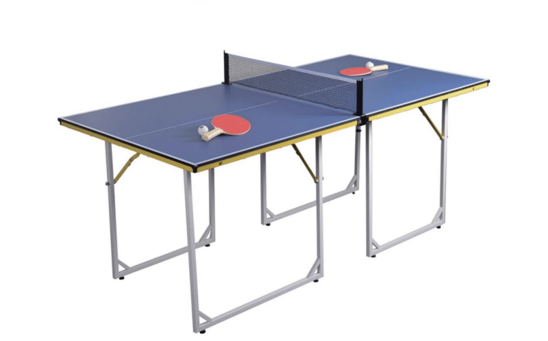 Compact blue table tennis table with folding legs