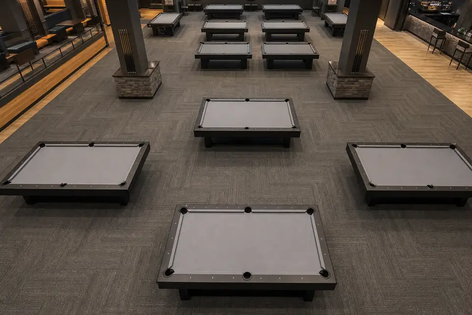 Overhead view of a commercial billiard club layout with pool tables, walkways and columns