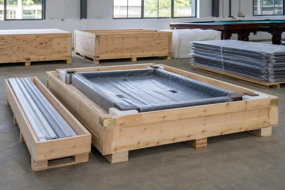 Pool table components packed in reinforced wooden export crates for shipment