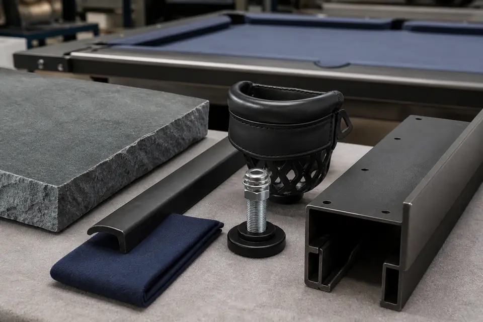 Pool table slate cloth cushion pocket frame and leveling components prepared for quotation review