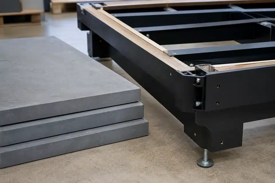 Stacked billiard slate sections beside a pool table frame for specification inspection