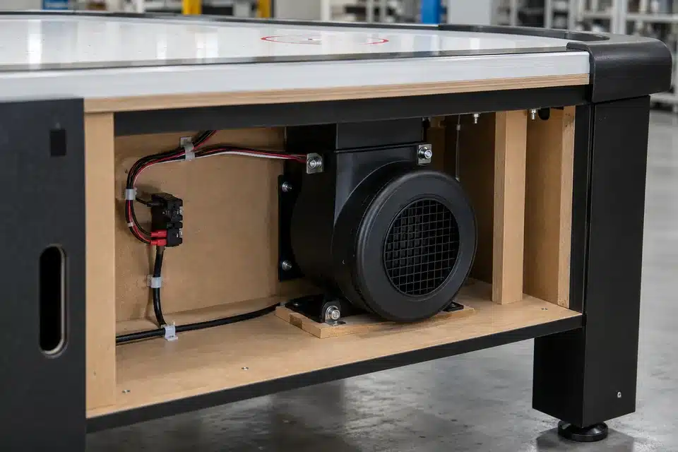 Air hockey table blower service access with wiring and mounting details