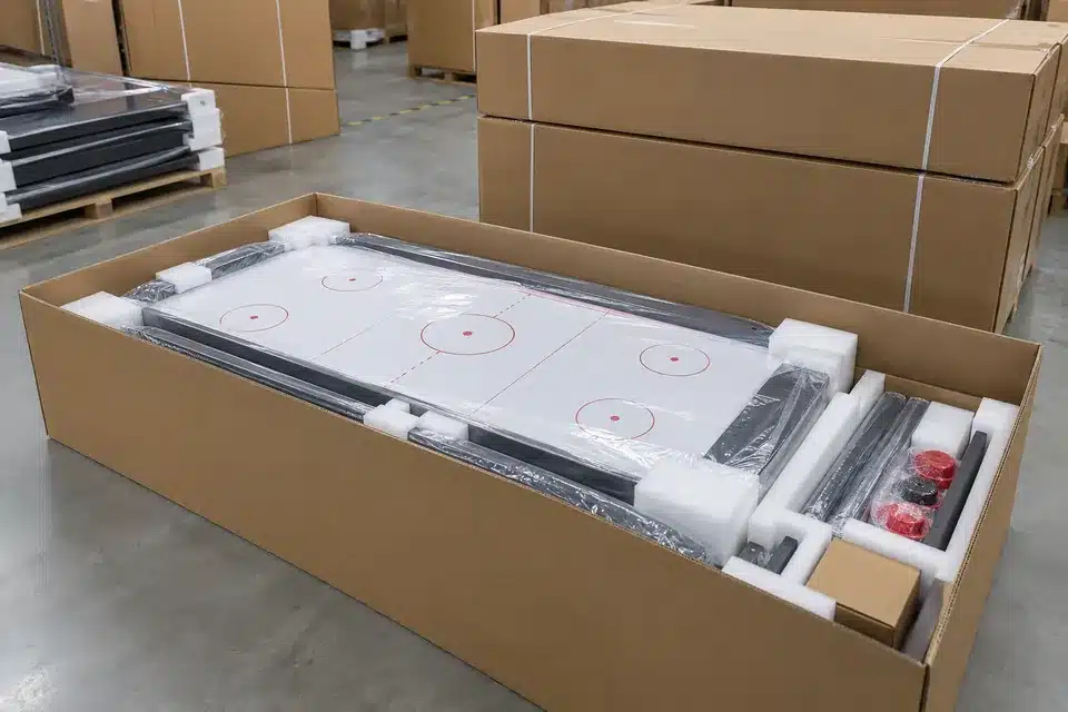 Air hockey table export packing with protected playfield and accessories