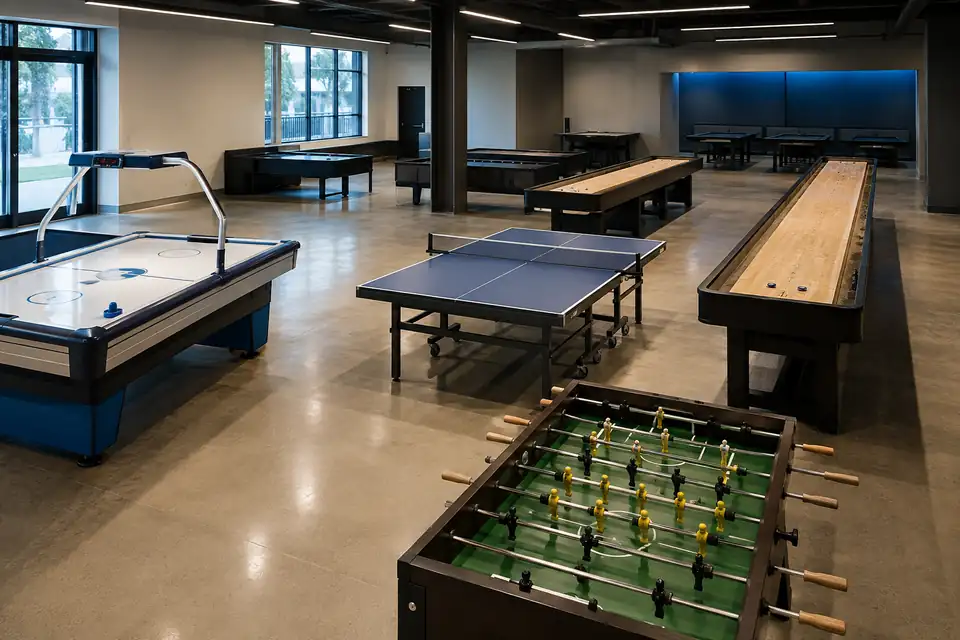 Commercial game room layout with air hockey table tennis shuffleboard and foosball tables