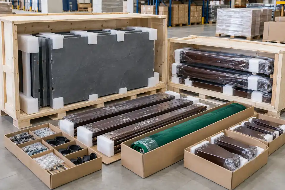 Disassembled pool table components protected in export crates before shipment.