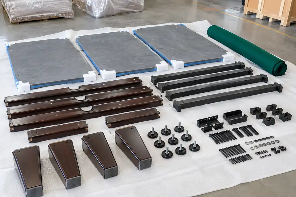 Unassembled commercial pool table slate, rails, frame parts, legs, cloth and hardware arranged before packing