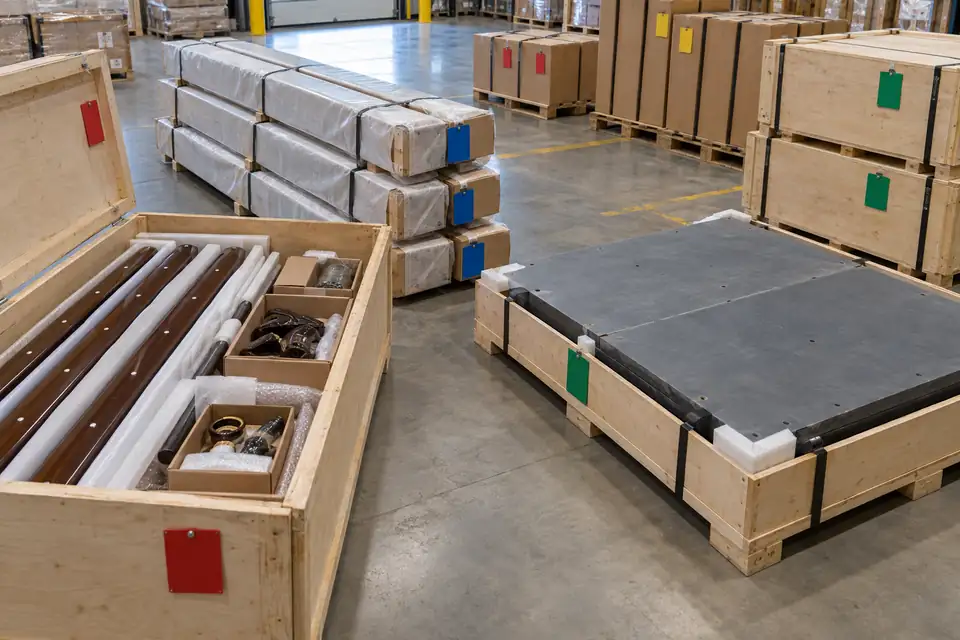 Grouped pool table component packages staged for receiving inspection in a warehouse
