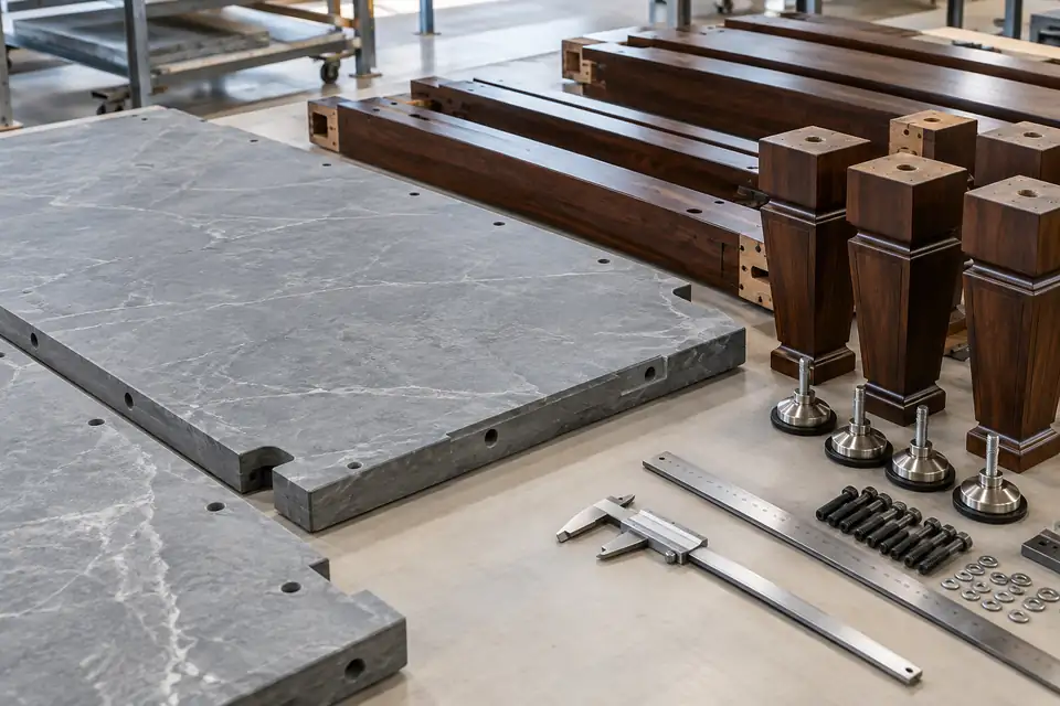 Pool table slate slabs, frame rails and leg components arranged for pre-shipment inspection.