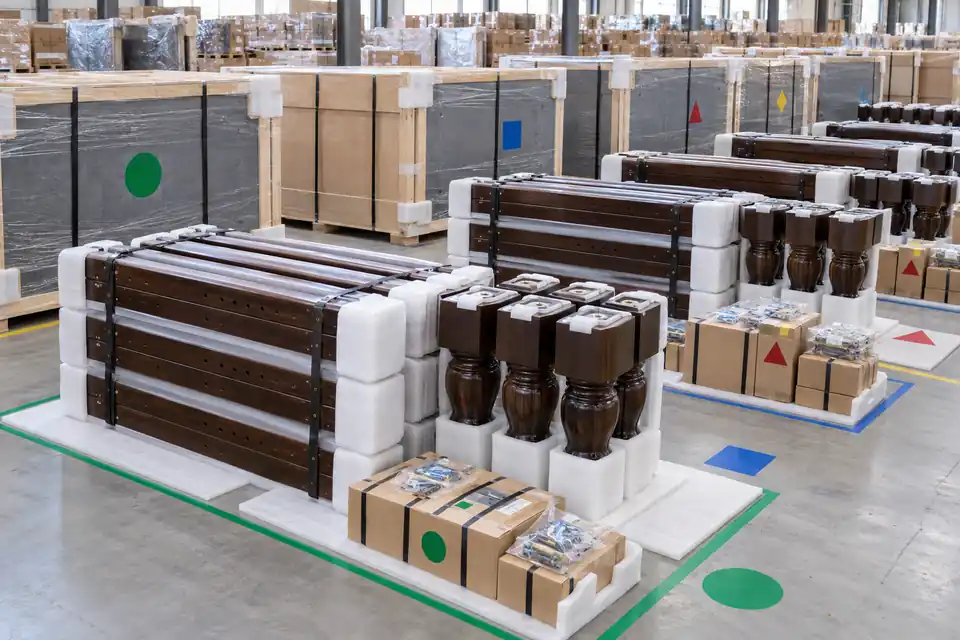 Bulk pool table components grouped and protected for export packing