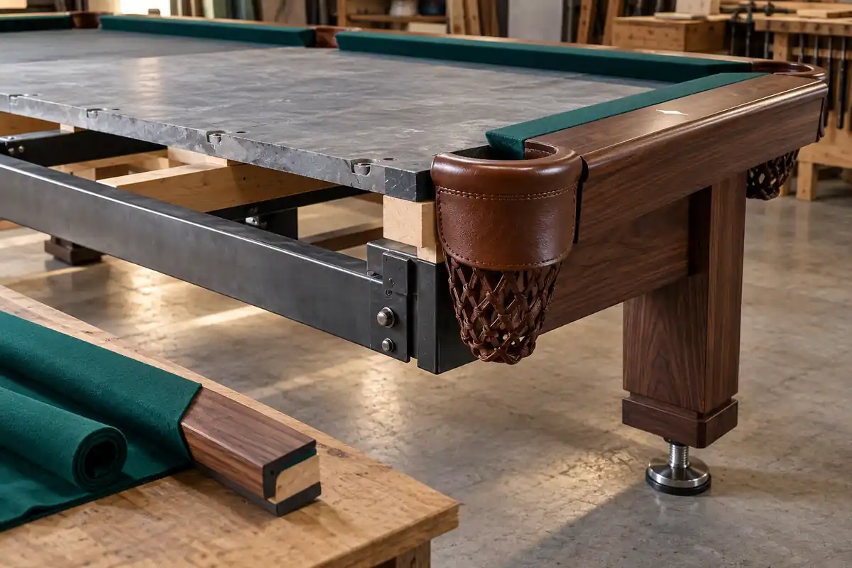Commercial pool table slate frame cushion pocket and levelling components