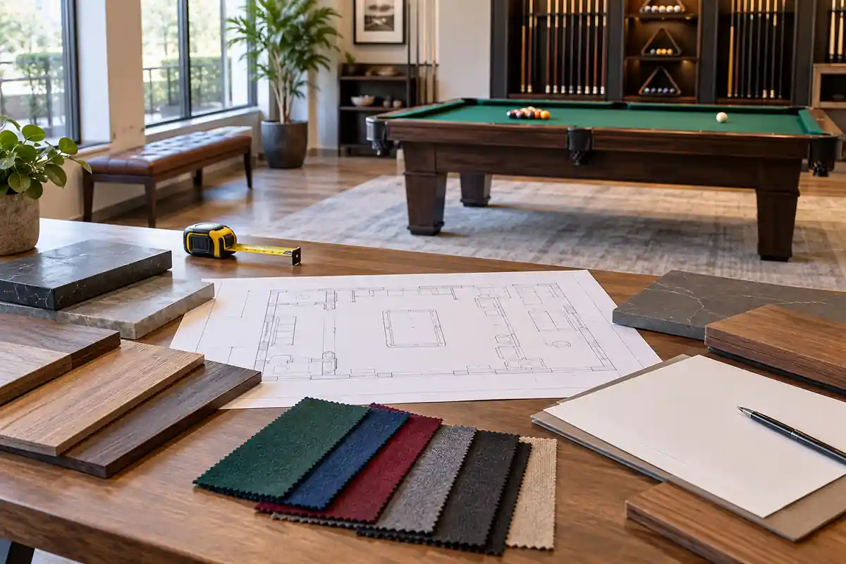 Commercial pool table RFQ documents with floor plan and material samples