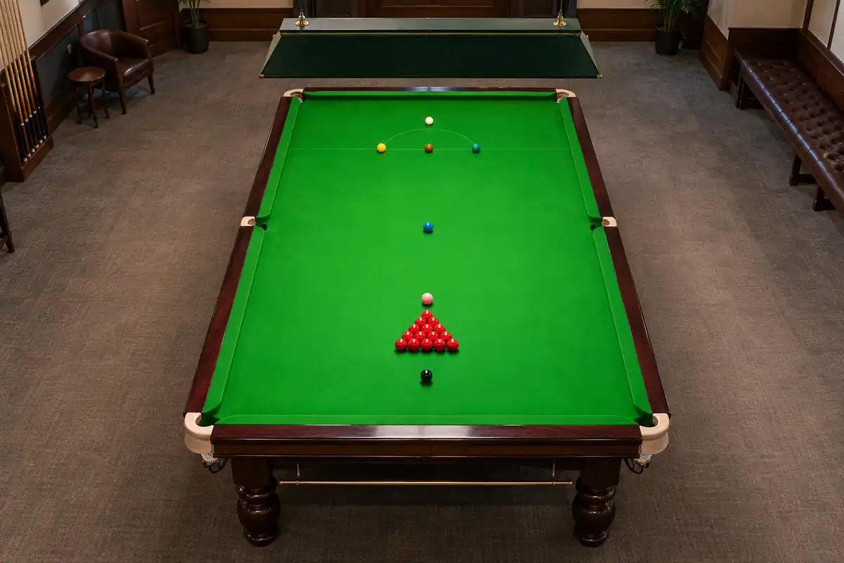 Full-size snooker table with playing area and surrounding room space visible