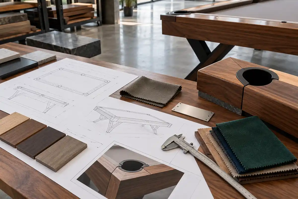 OEM pool table drawings, finish samples and production details under approval