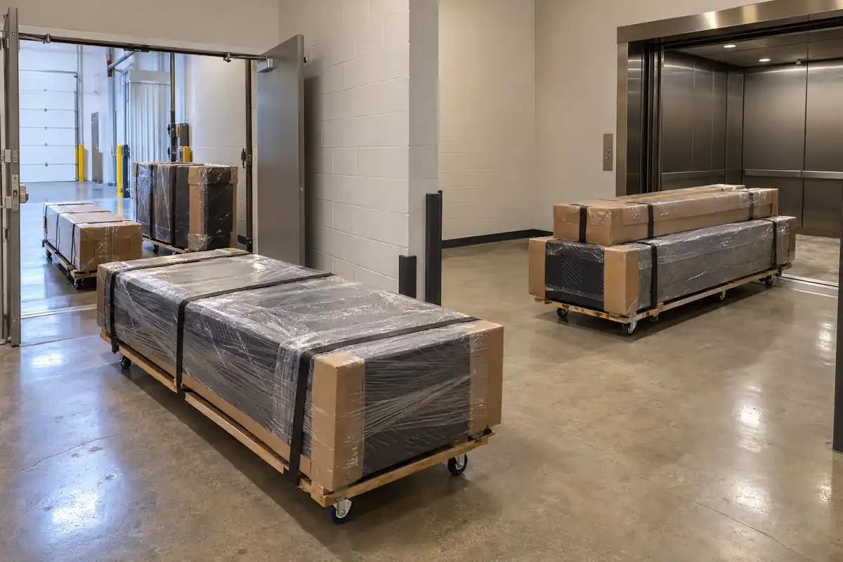 Wrapped pool table components staged along a measured delivery route
