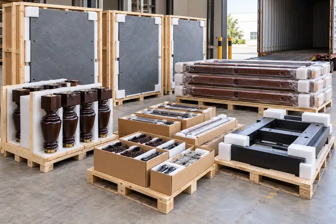 Export-packed pool table slate rails frame legs and hardware prepared for shipment