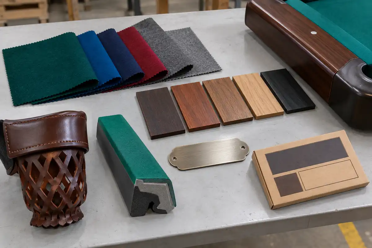Pool table cloth, finish, pocket, cushion and nameplate approval samples
