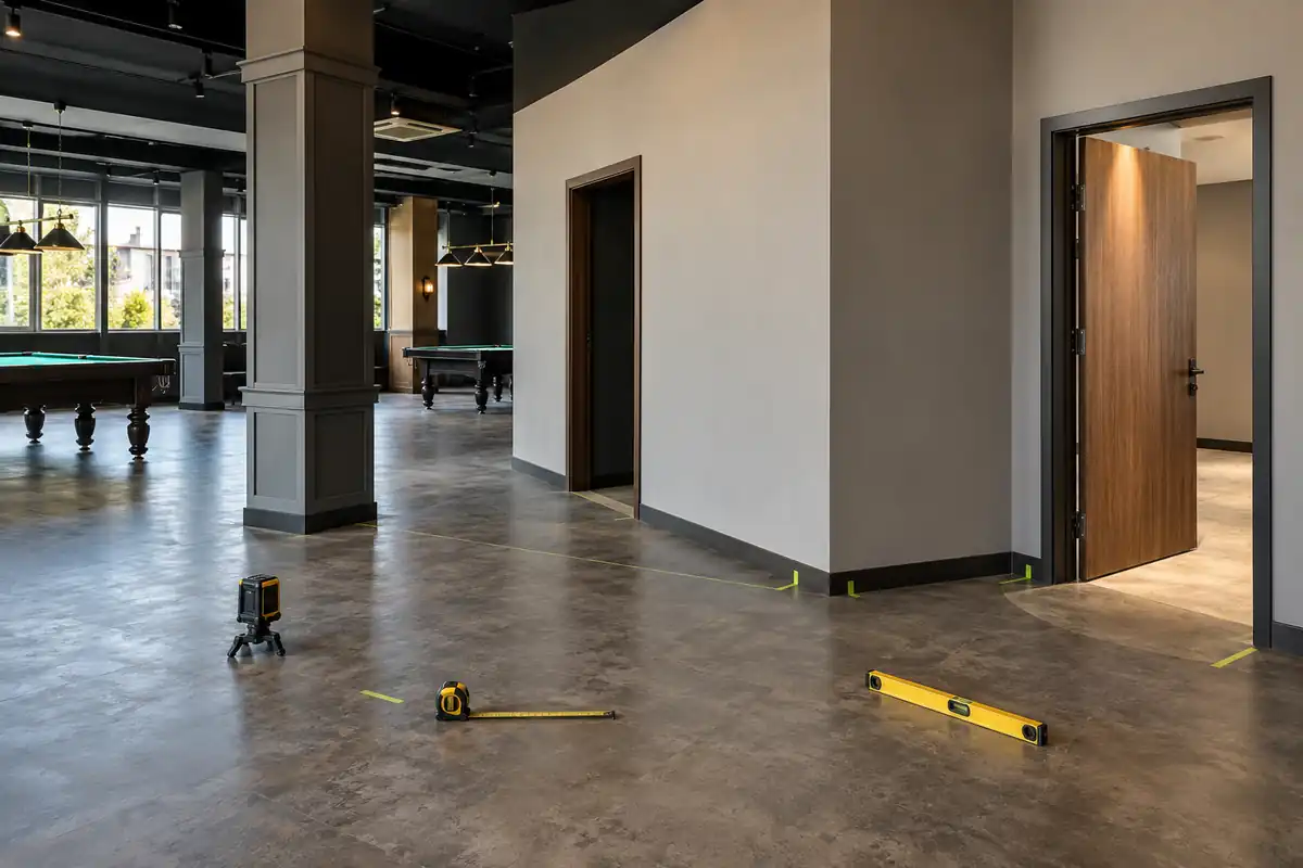 Empty billiard club interior with columns, door openings and floor measurement tools