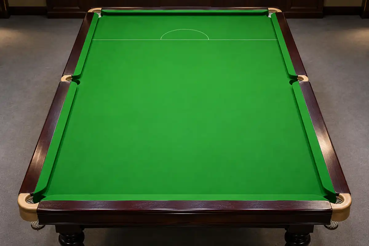 Empty snooker playing surface showing cushion faces, baulk line and six pockets