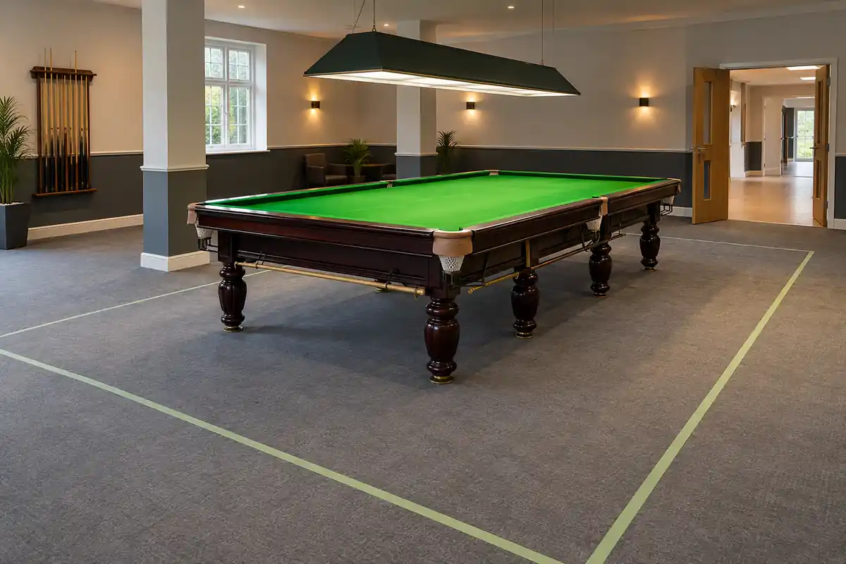 Full-size snooker table with marked room clearance and an open access route