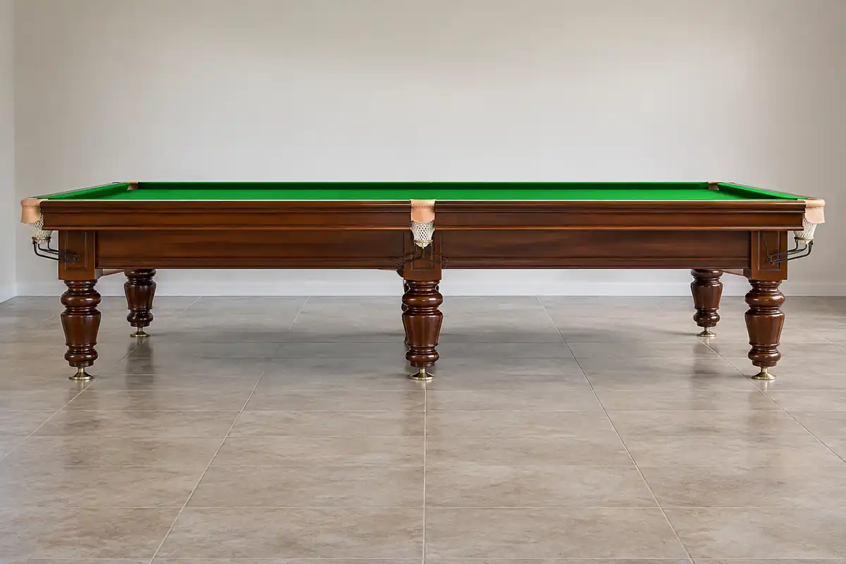 Side profile of a full-size snooker table from finished floor to cushion rail